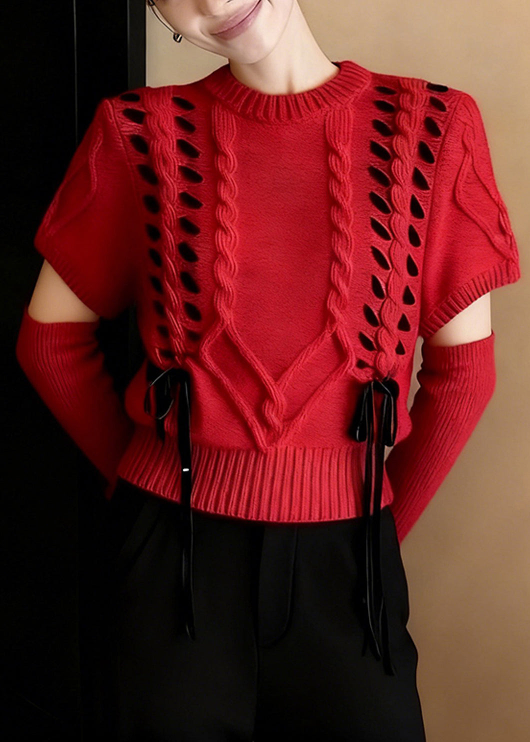 Boho Red Warm Cable Knit Sweater Half Sleeve