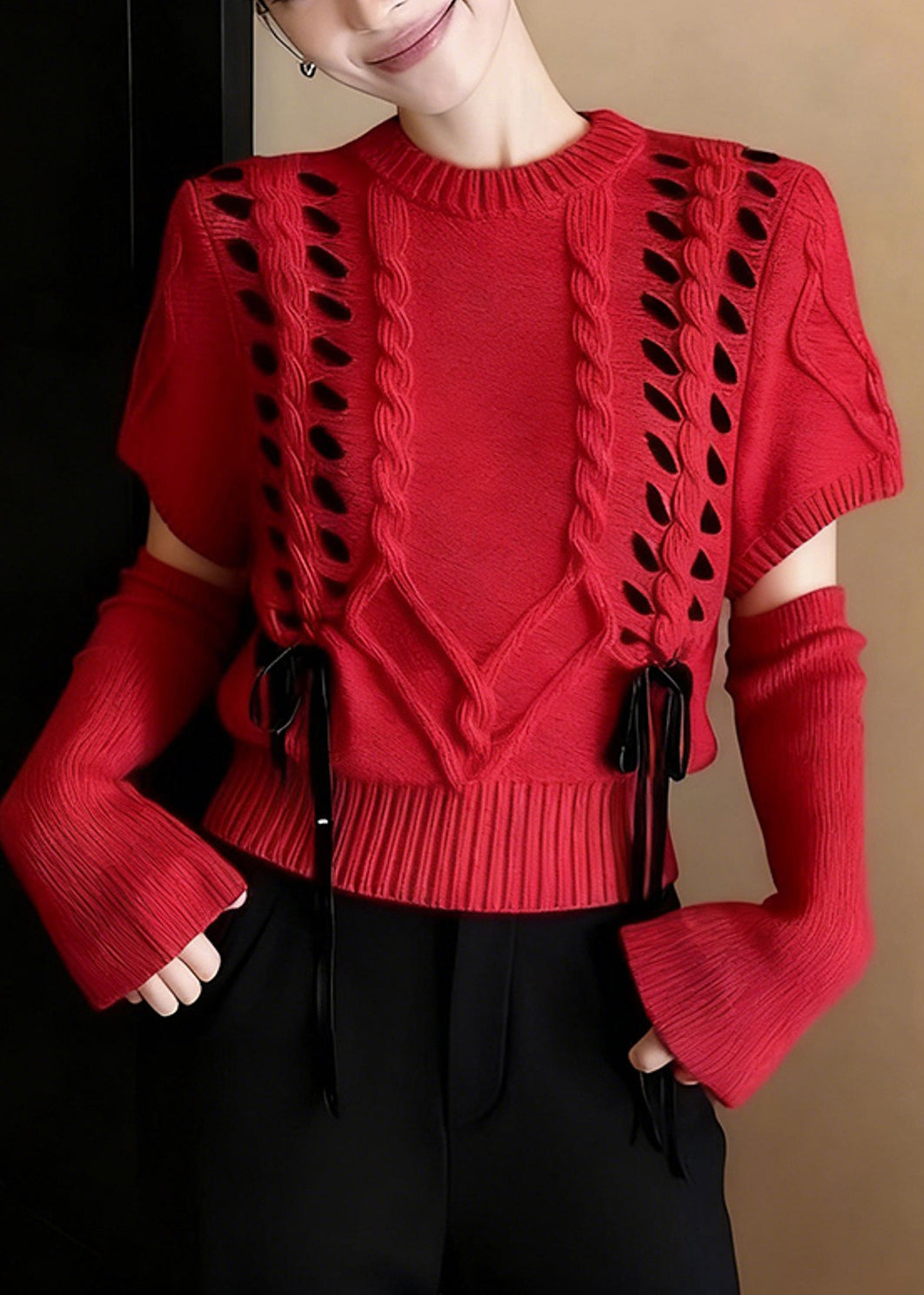 Boho Red Warm Cable Knit Sweater Half Sleeve
