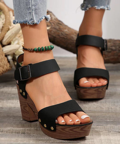 Boho Rivet Splicing Chunky Heels Sandals Black Faux Leather