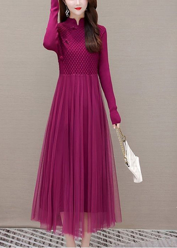 Boho Rose Chinese Button Patchwork Silm Fit Knit Dress Spring