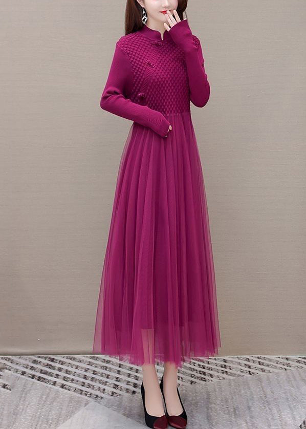 Boho Rose Chinese Button Patchwork Silm Fit Knit Dress Spring