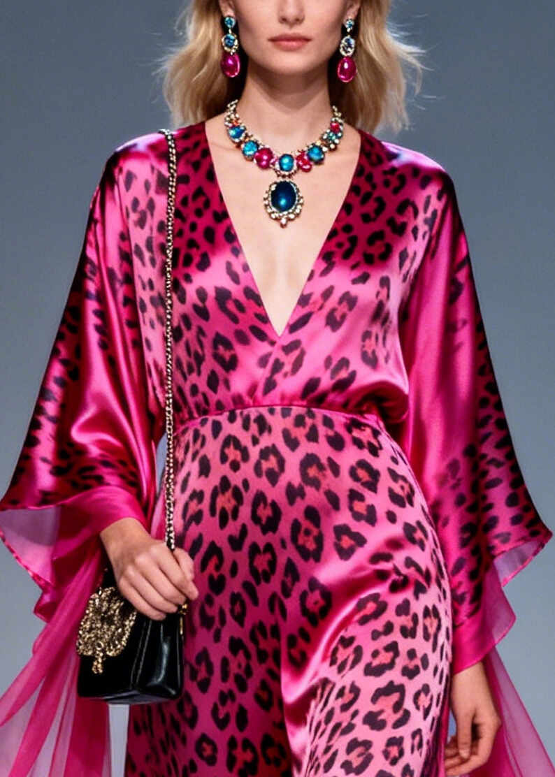 Boho Rose Ruffled Leopard Print Silk Long Dresses Summer
