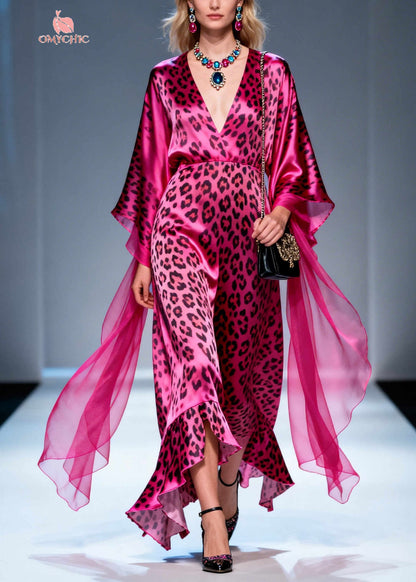 Boho Rose Ruffled Leopard Print Silk Long Dresses Summer