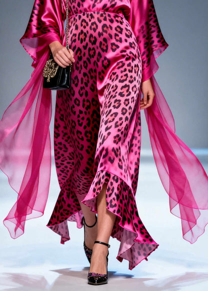 Boho Rose Ruffled Leopard Print Silk Long Dresses Summer