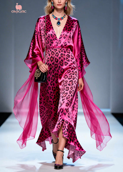 Boho Rose Ruffled Leopard Print Silk Long Dresses Summer