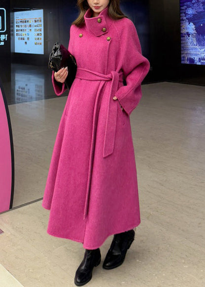 Boho Rose Stand Collar Tie Waist Woolen Trench Coats Winter