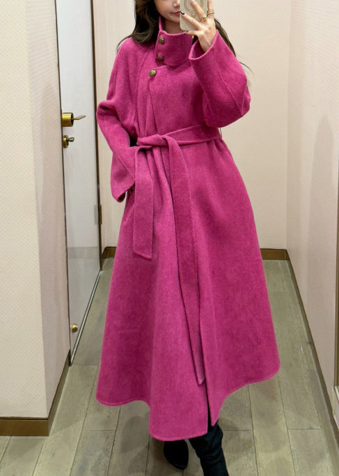 Boho Rose Stand Collar Tie Waist Woolen Trench Coats Winter