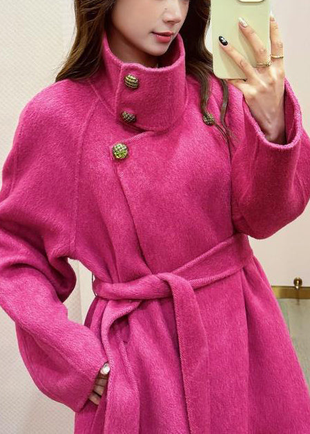 Boho Rose Stand Collar Tie Waist Woolen Trench Coats Winter