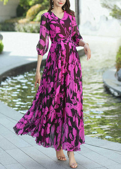 Boho Rose V Neck Print Wrinkled Chiffon Dresses Summer