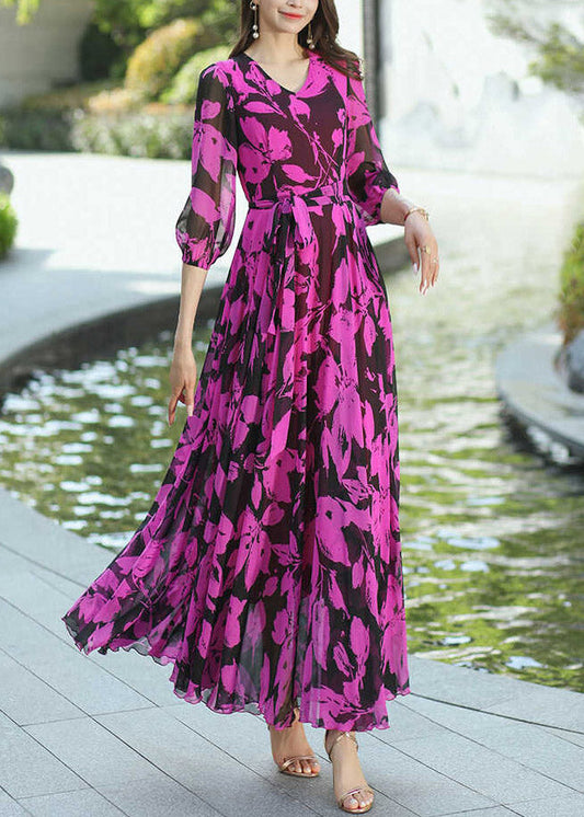 Boho Rose V Neck Print Wrinkled Chiffon Dresses Summer