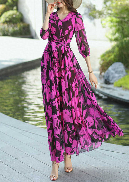 Boho Rose V Neck Print Wrinkled Chiffon Dresses Summer