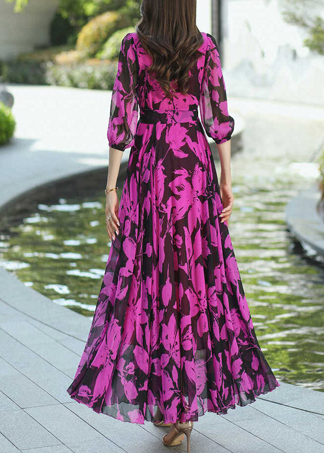 Boho Rose V Neck Print Wrinkled Chiffon Dresses Summer