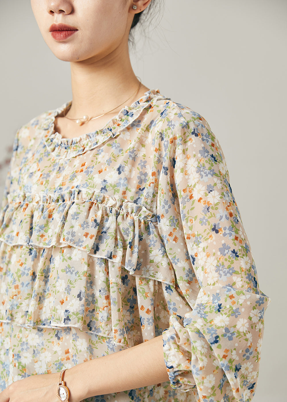 Boho Ruffled Print Chiffon Shirt Tops Summer