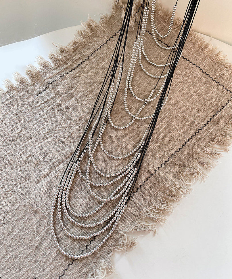Boho Silk Copper Leather Rope Patchwork Multi-Layer Beading Tassel Gratuated Bead Necklace