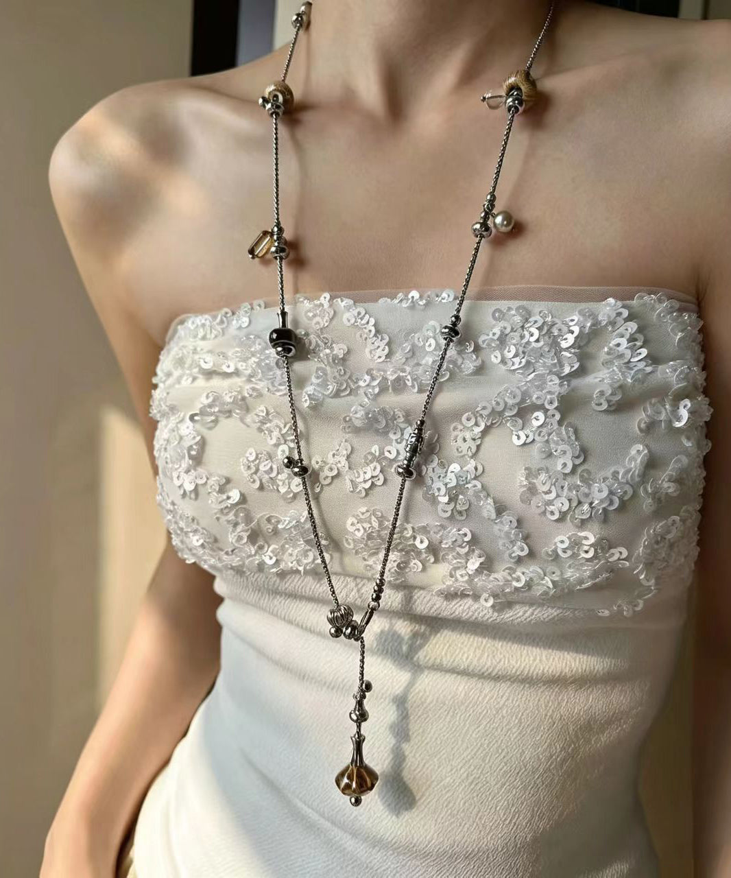Boho Silk Titanium Steel Beading Lariat Necklace