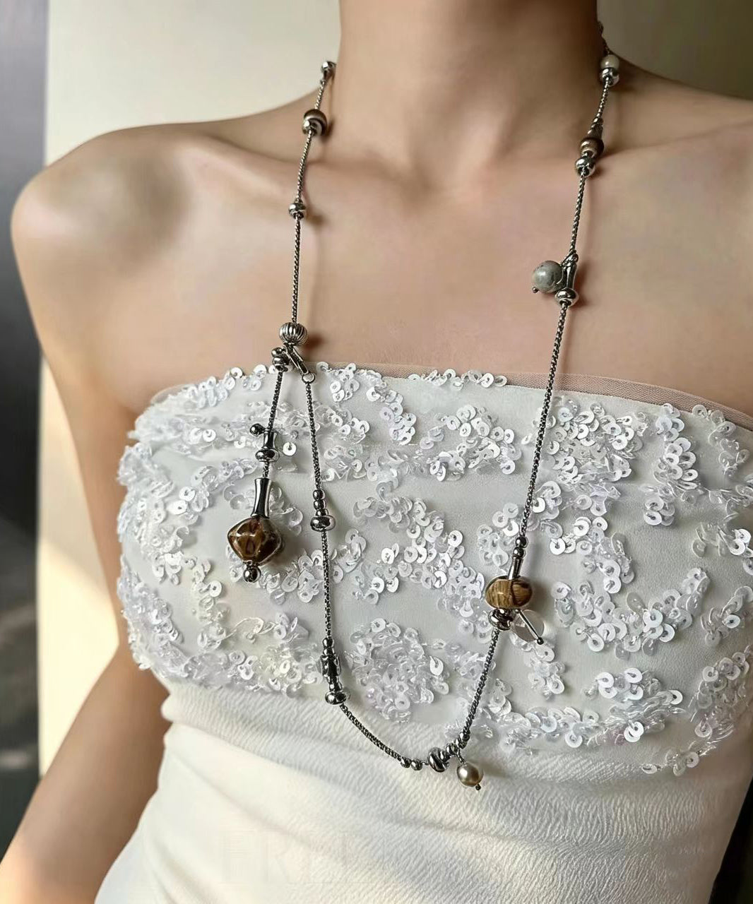 Boho Silk Titanium Steel Beading Lariat Necklace