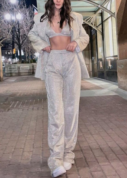 Boho Silver Notched Sequins Coats ,Vest And Straight Pants Three Piece Set Fall