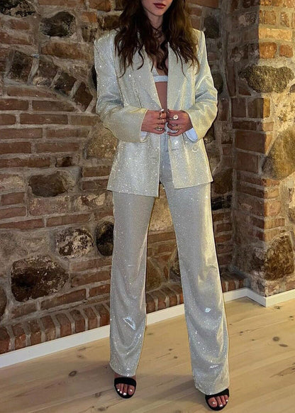 Boho Silver Notched Sequins Coats ,Vest And Straight Pants Three Piece Set Fall