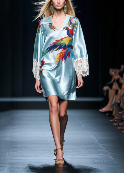 Boho Sky Blue Phoenix Print Patchwork Lace Tea Dresses Summer