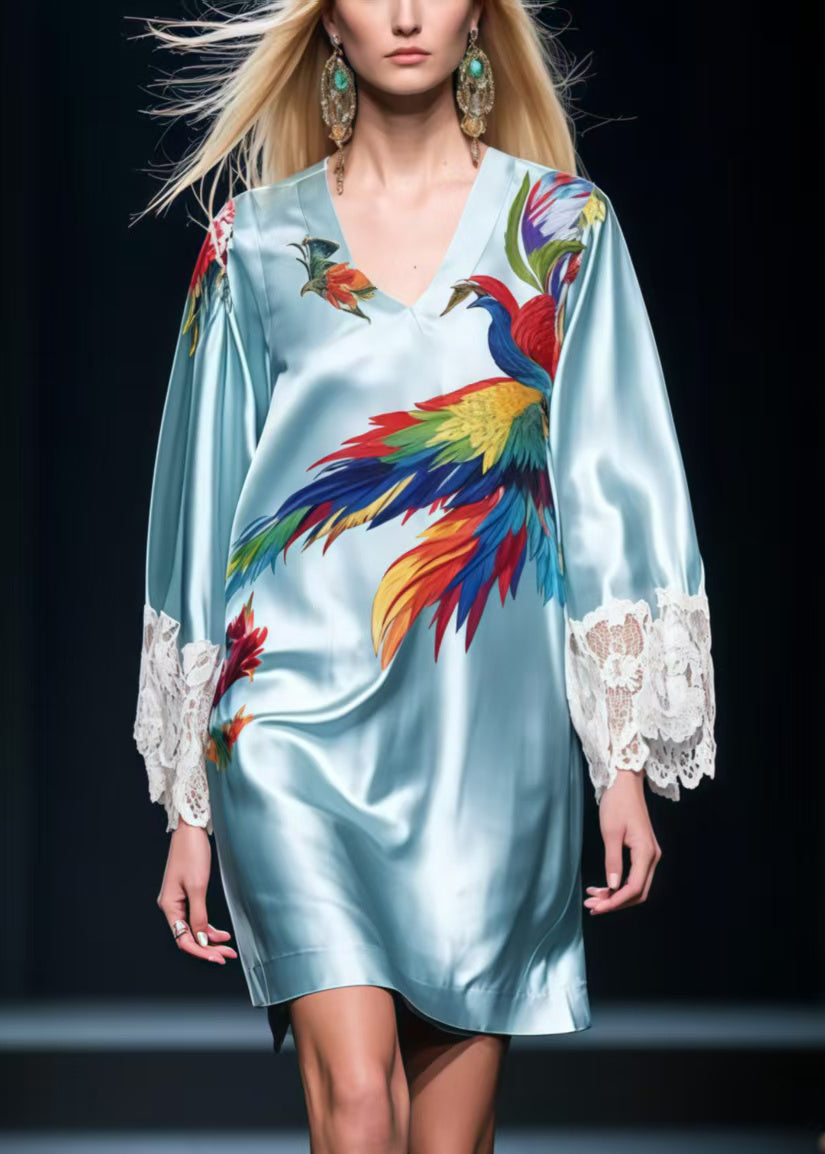 Boho Sky Blue Phoenix Print Patchwork Lace Tea Dresses Summer