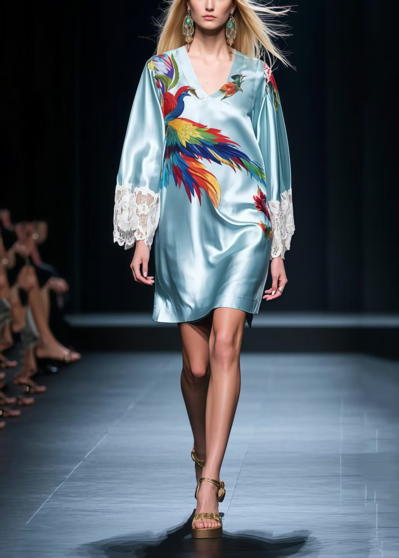 Boho Sky Blue Phoenix Print Patchwork Lace Tea Dresses Summer