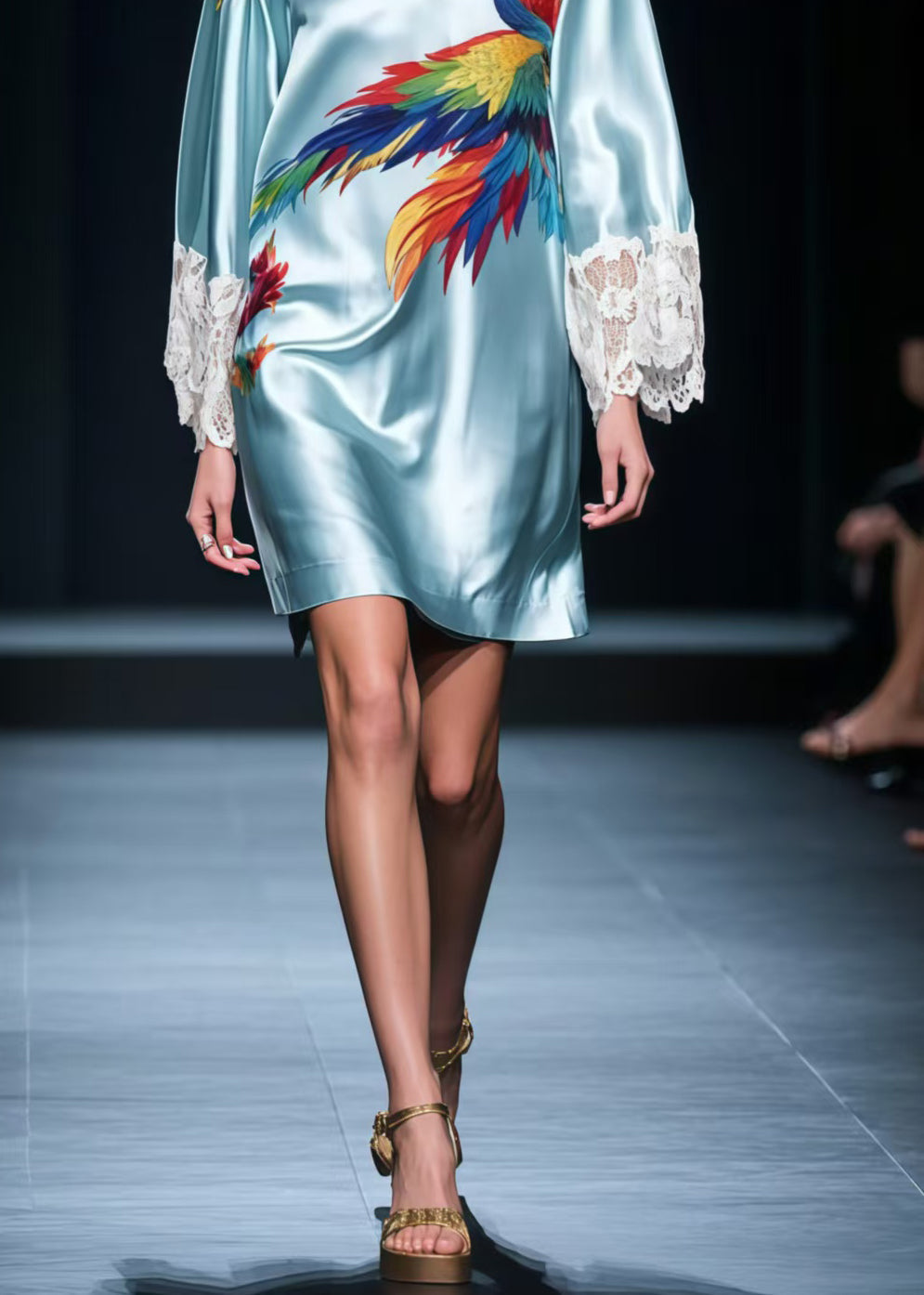 Boho Sky Blue Phoenix Print Patchwork Lace Tea Dresses Summer