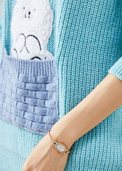 Boho Sky Blue Thick Patchwork Rabbit Knitted Tops Winter