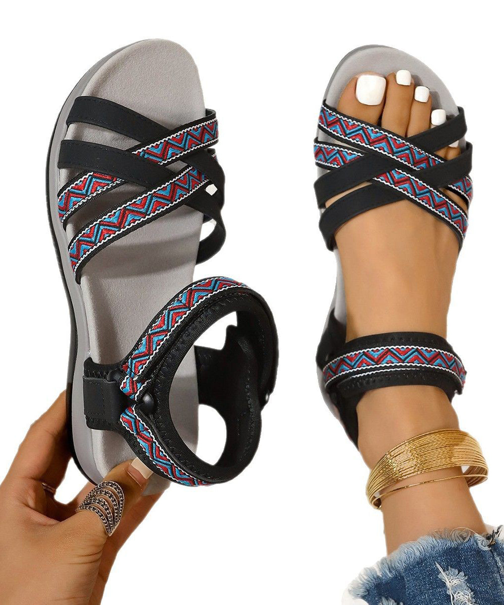 Boho Splicing Flat Sandals Brown Cotton Fabric Peep Toe
