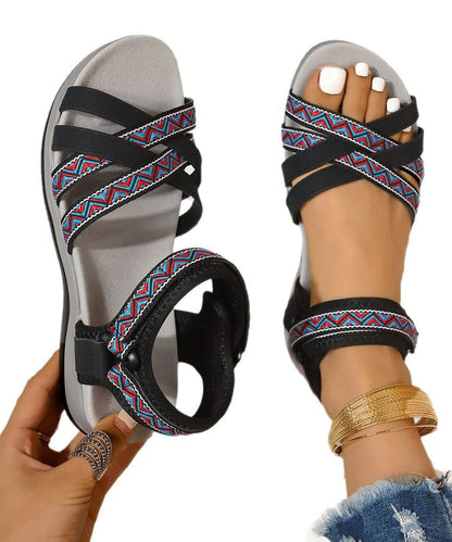 Boho Splicing Flat Sandals Brown Cotton Fabric Peep Toe