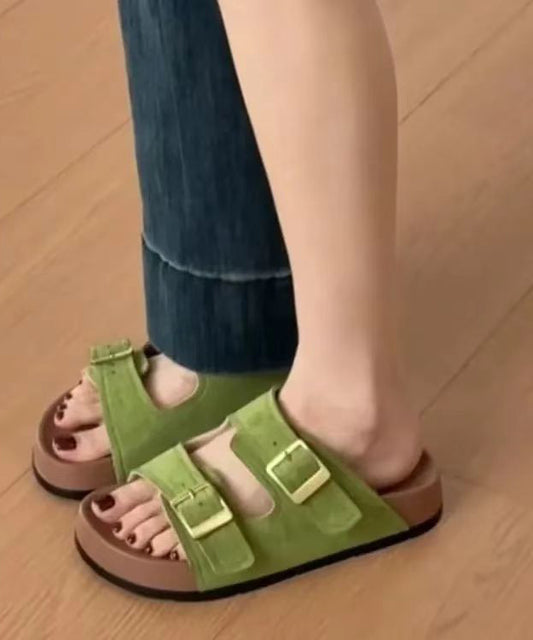 Boho Splicing Platform Green Suede Slide Sandals Peep Toe