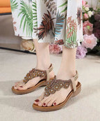 Boho Splicing Wedge Black Zircon Flat Sandals