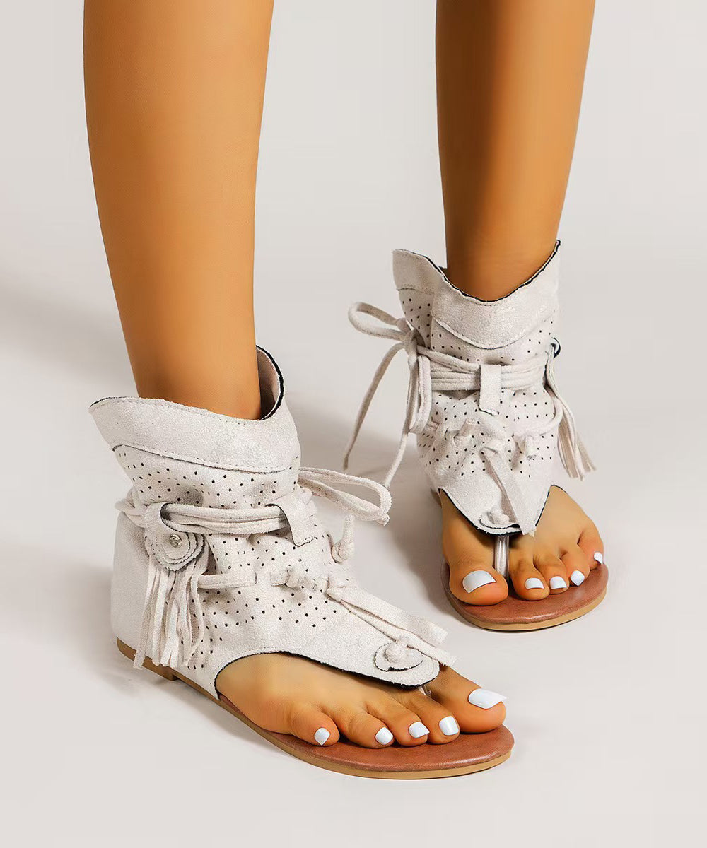 Boho Tassel Splicing Hollow Out Flip Flops Boots Beige Cotton Fabric