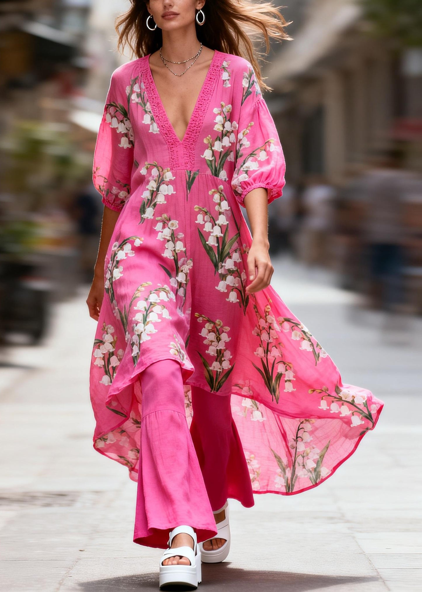 Boho V Neck Print Patchwork Cotton Two-Piece Set Summer