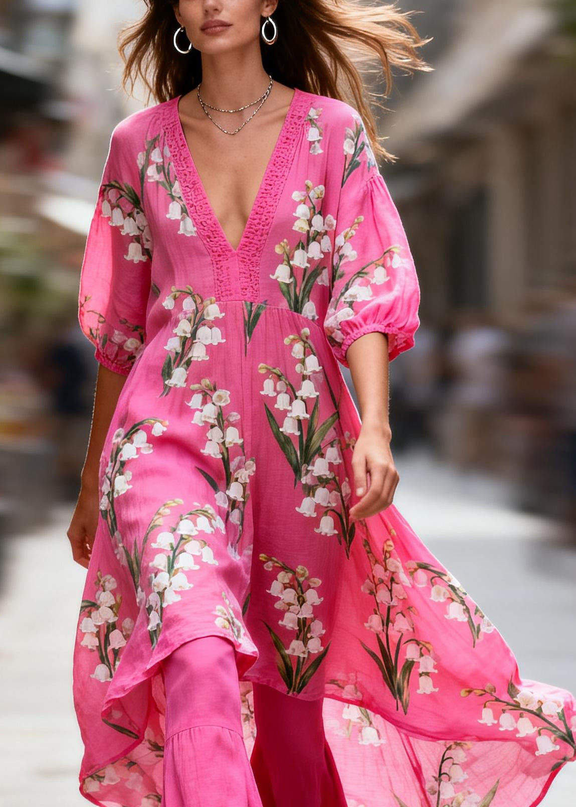 Boho V Neck Print Patchwork Cotton Two-Piece Set Summer