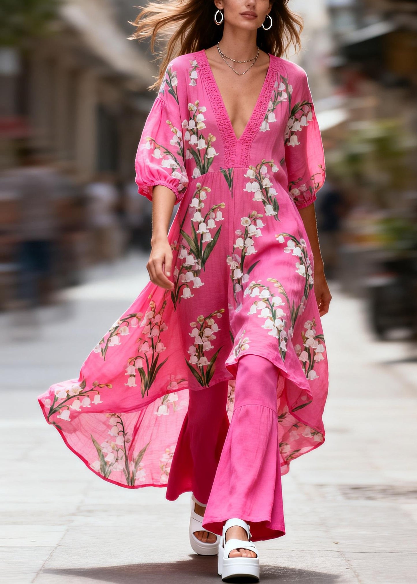 Boho V Neck Print Patchwork Cotton Two-Piece Set Summer