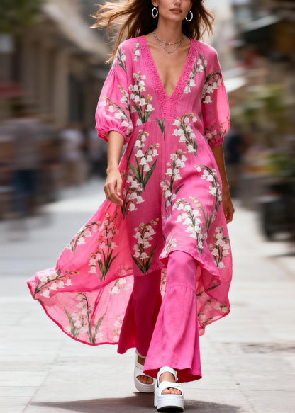 Boho V Neck Print Patchwork Cotton Two-Piece Set Summer