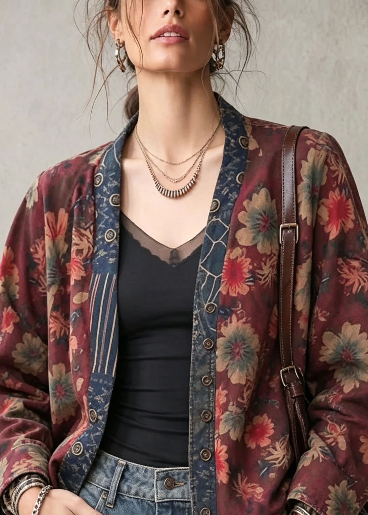Boho V Neck Print Wear On Both Sides Cotton Cardigan Fall