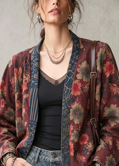 Boho V Neck Print Wear On Both Sides Cotton Cardigan Fall