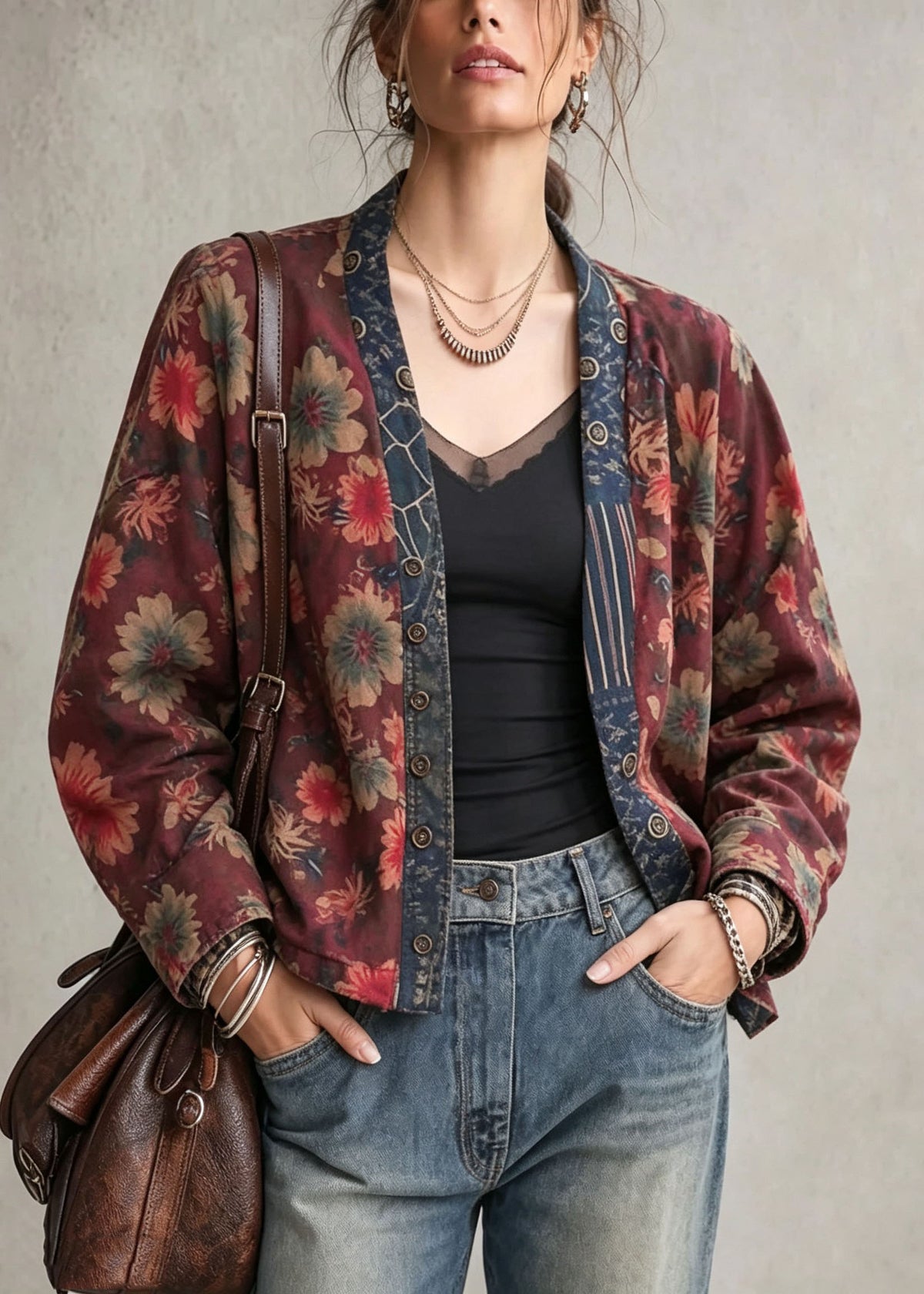 Boho V Neck Print Wear On Both Sides Cotton Cardigan Fall