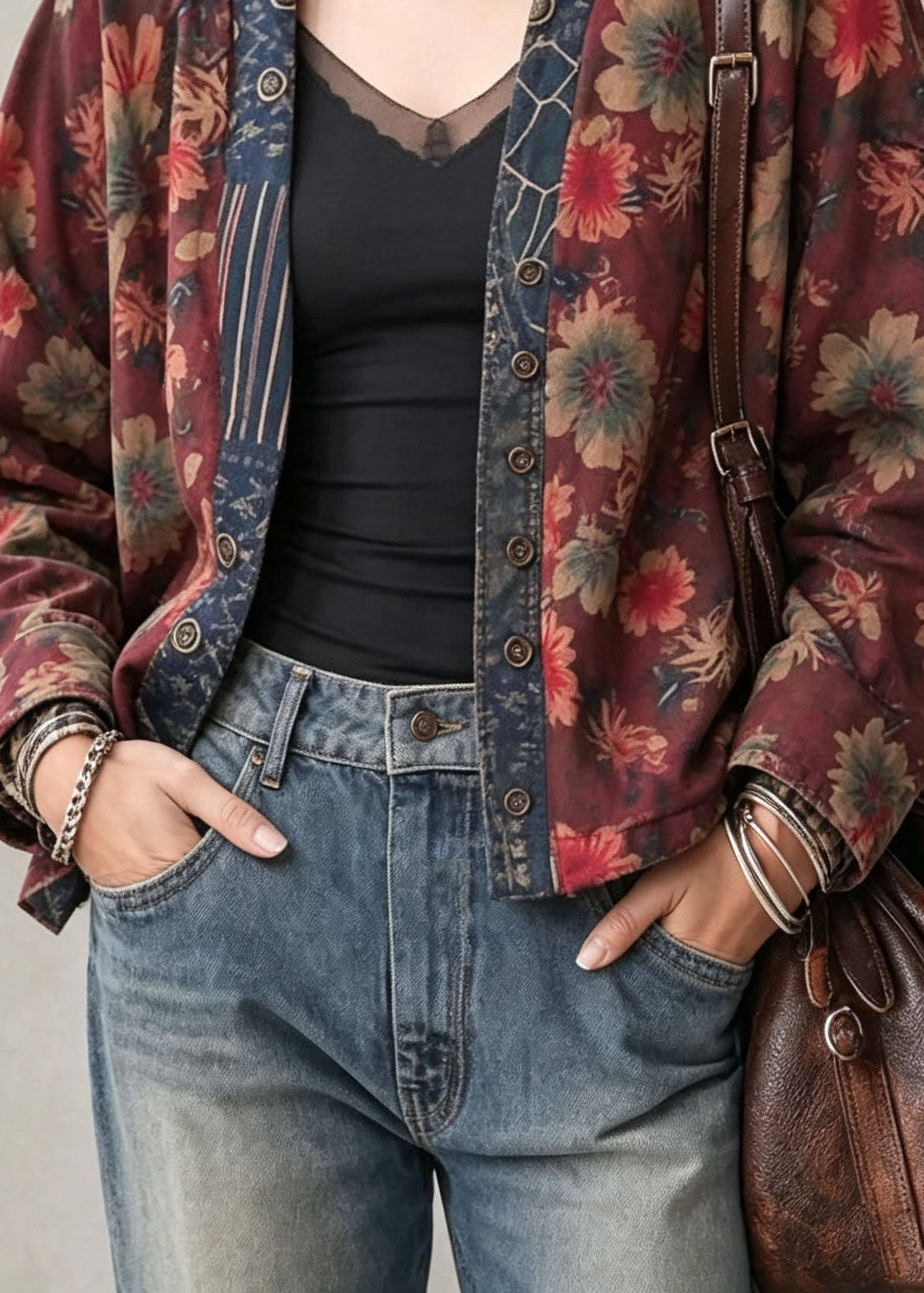 Boho V Neck Print Wear On Both Sides Cotton Cardigan Fall