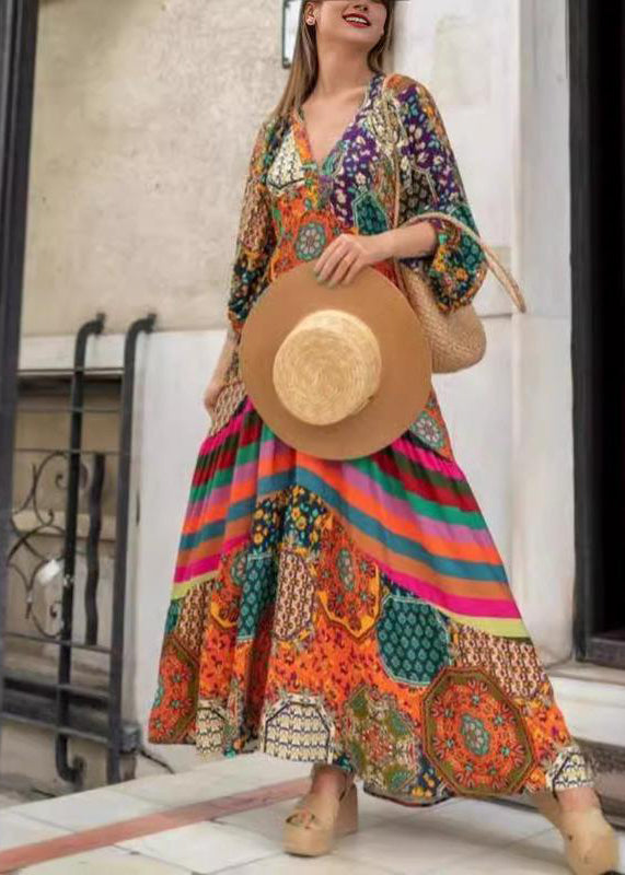 Boho V Neck Print Wrinkled Cotton Long Dress Spring