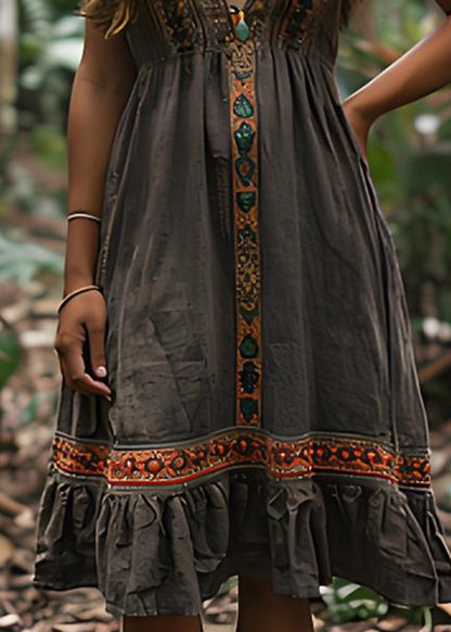 Boho V Neck Print Wrinkled Cotton Spaghetti Strap Dress Summer