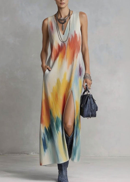 Boho V Neck Side Open Print Long Dresses Sleeveless