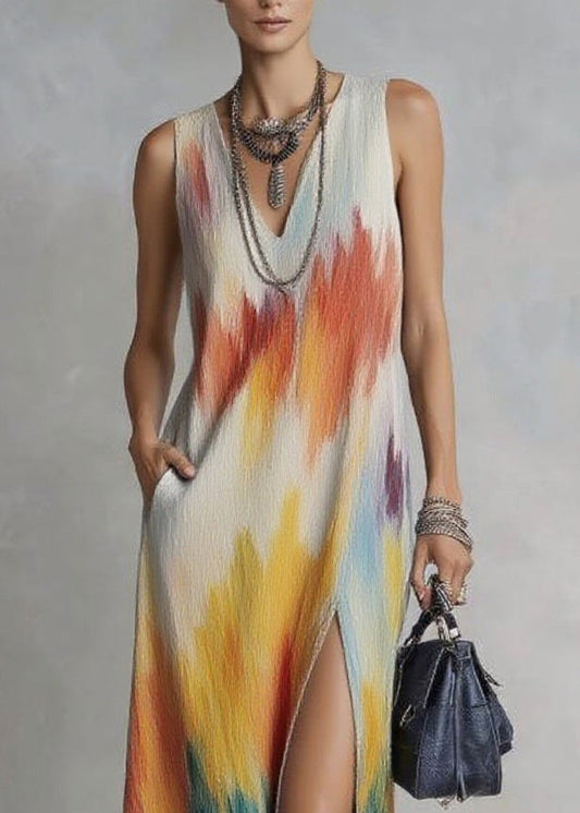 Boho V Neck Side Open Print Long Dresses Sleeveless