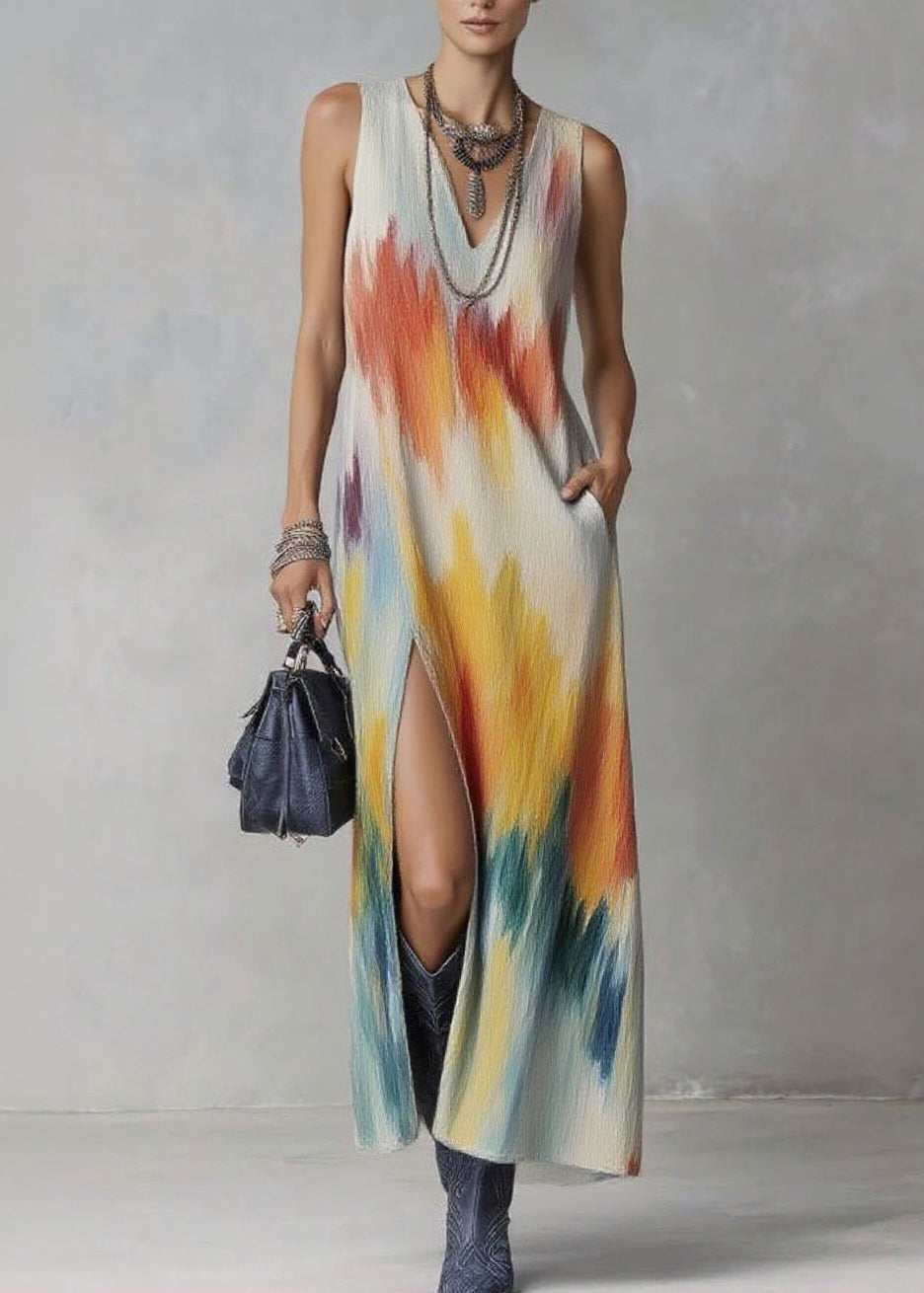 Boho V Neck Side Open Print Long Dresses Sleeveless