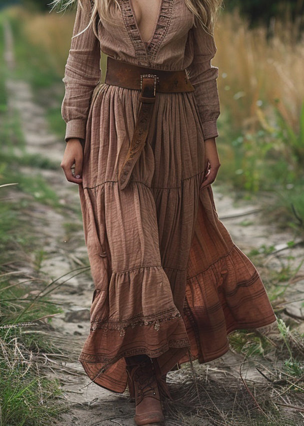 Boho V Neck Wrinkled Patchwork Cotton Long Dress Spring