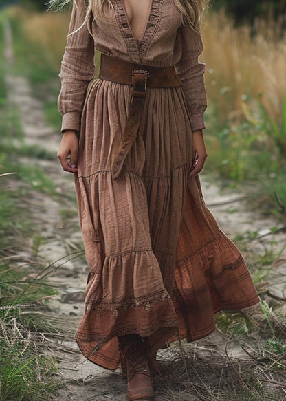 Boho V Neck Wrinkled Patchwork Cotton Long Dress Spring