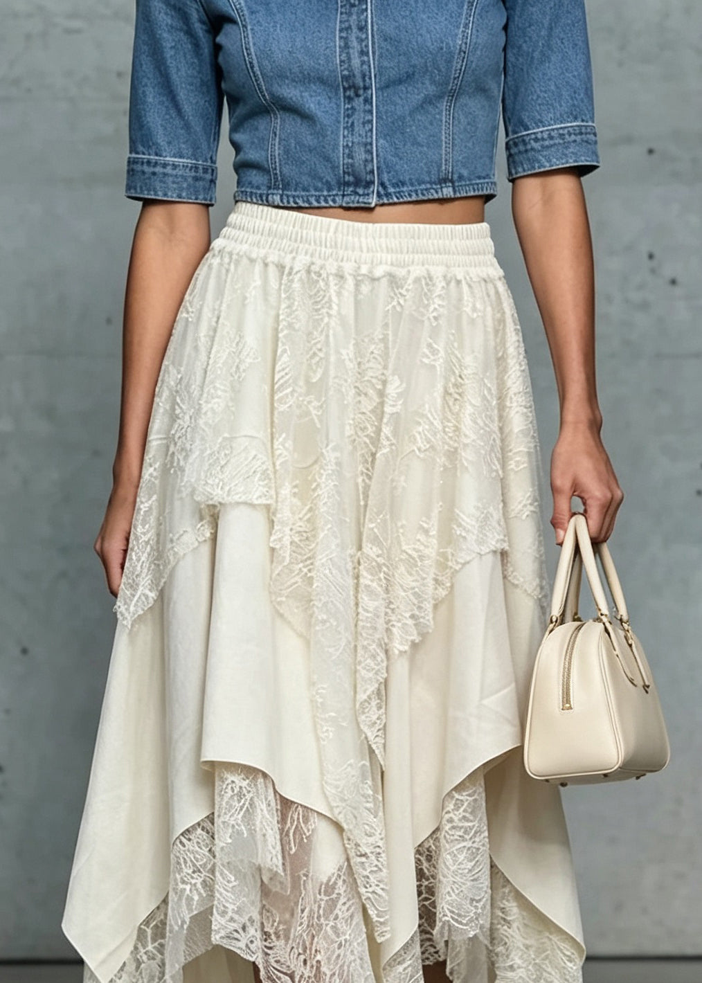 Boho White Asymmetrical Patchwork Elastic Waist Silk Skirt Fall