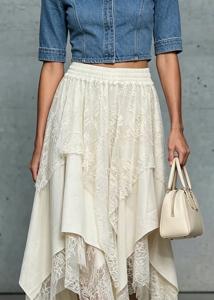 Boho White Asymmetrical Patchwork Elastic Waist Silk Skirt Fall