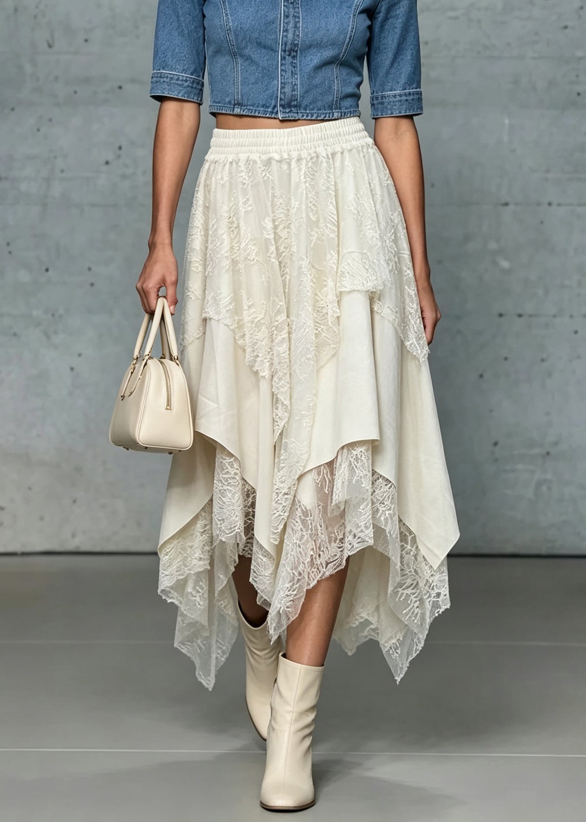 Boho White Asymmetrical Patchwork Elastic Waist Silk Skirt Fall